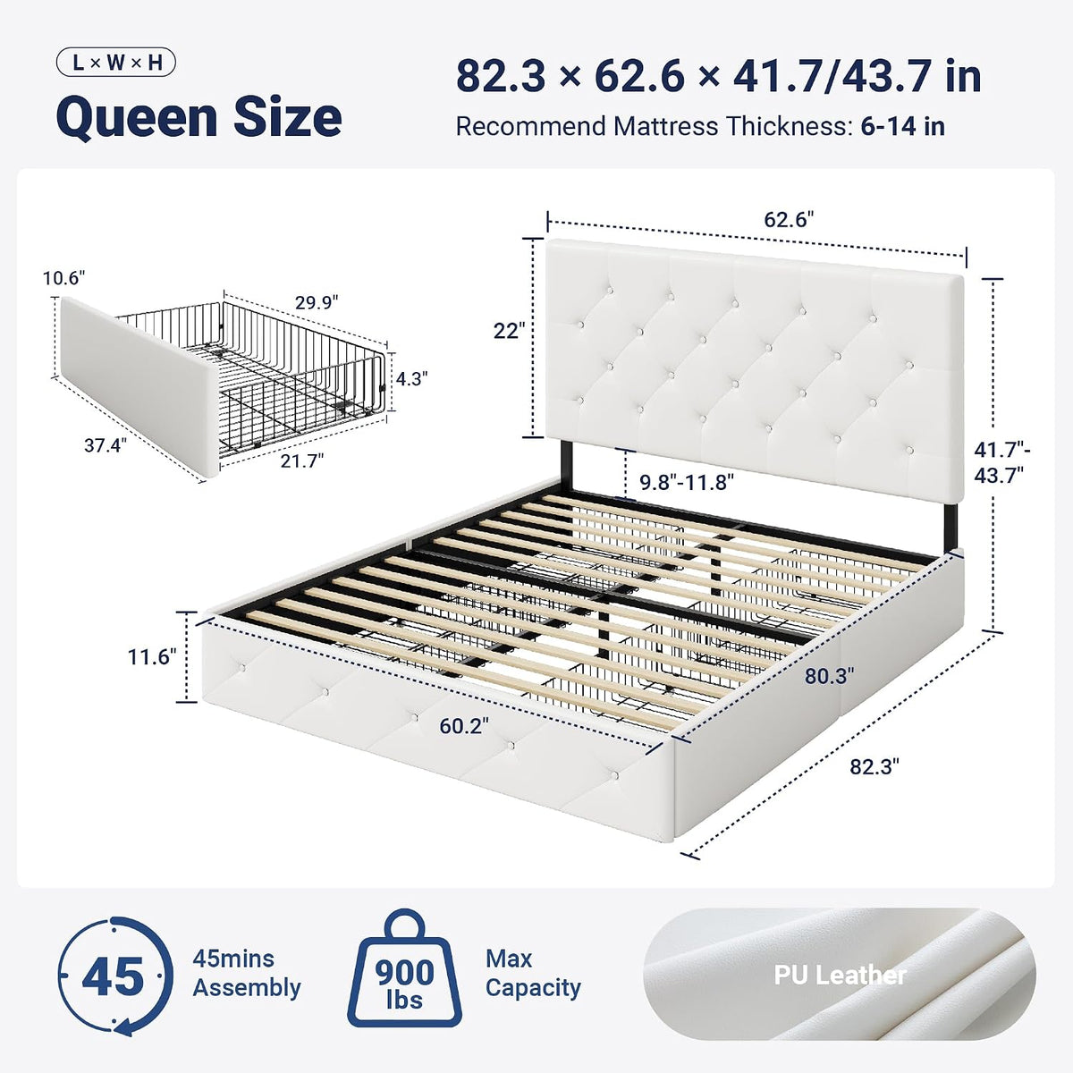 Allewie Queen Size Storage Bed Frame with 4 Underbed Drawers, Upholstered Platform Bed with Adjustable Headboard, Diamond Button Tufted, Easy Assembly, Noise-Free, No Box Spring Needed, White