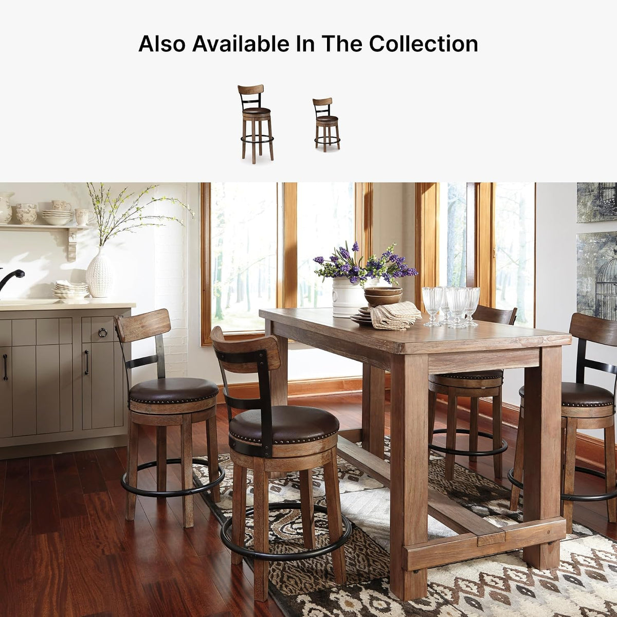 Signature Design by Ashley Pinnadel 30" Swivel Bar Height Barstool, Brown | Faux leather padded seat for easy cleanup, Sturdy wood, engineered wood, and metal frame, Built-in comfort footrest
