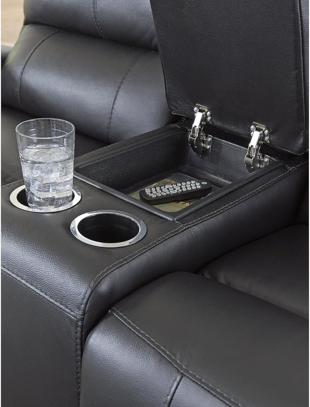 Signature Design by Ashley Leather Reclining Loveseat with Console, Black | Combination of leather and faux leather, Dual manual pull-tabs, Integrated center storage, Glassmere Series
