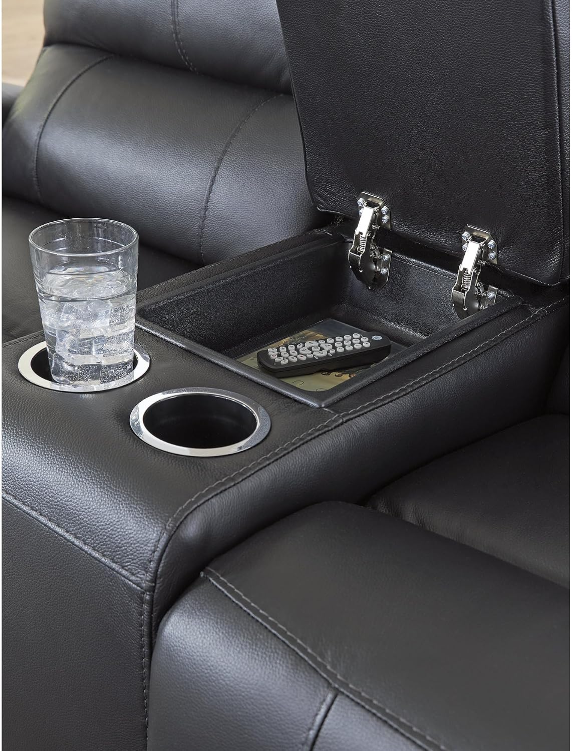 Signature Design by Ashley Leather Reclining Loveseat with Console, Black | Combination of leather and faux leather, Dual manual pull-tabs, Integrated center storage, Glassmere Series