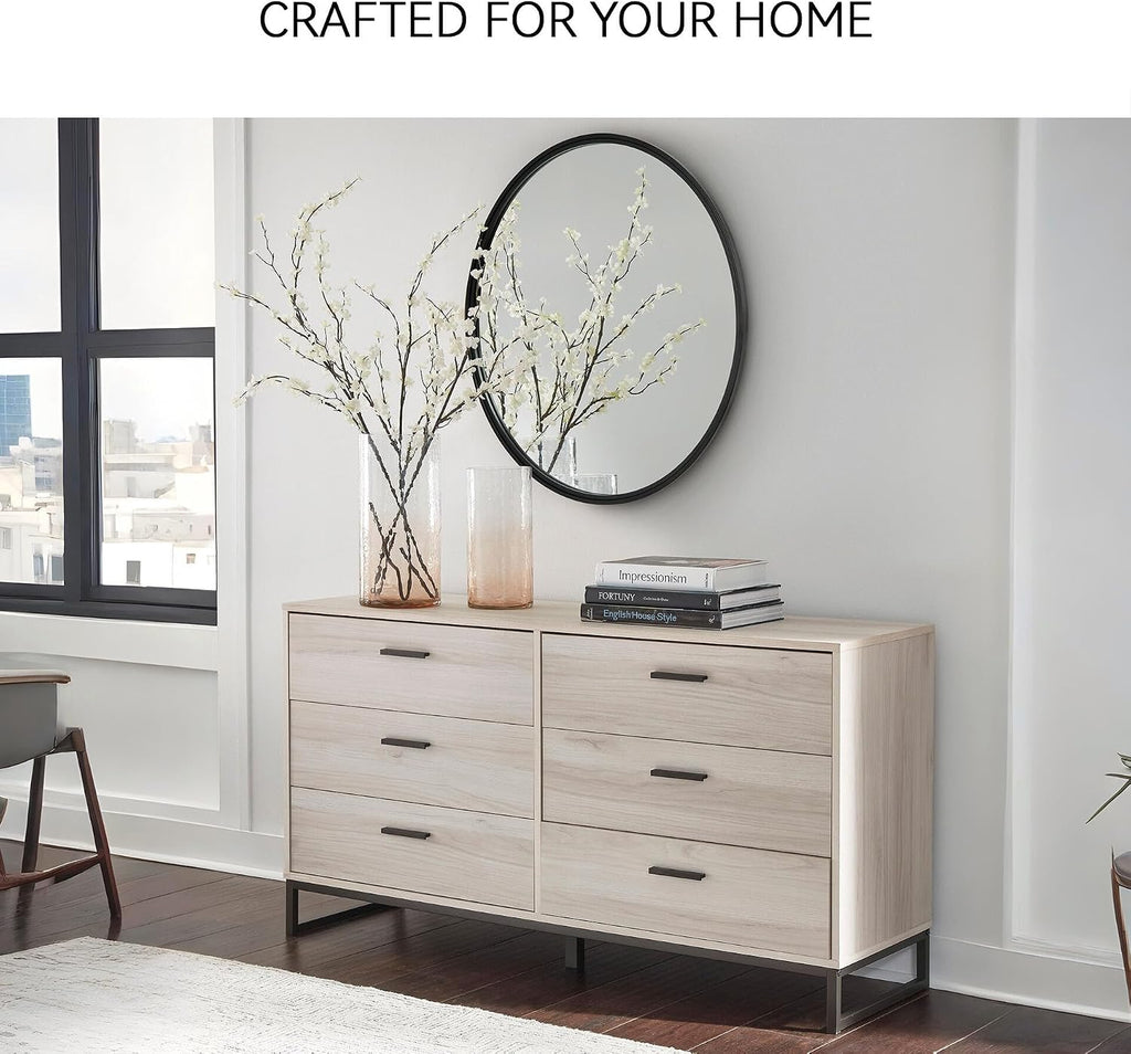 Signature Design by Ashley 6 Drawer Dresser for Bedroom, Light Natural Oak | Textured-grain engineered wood, 6 smooth-glide vinyl-wrapped drawers, Dark pewter pulls, Socalle Series