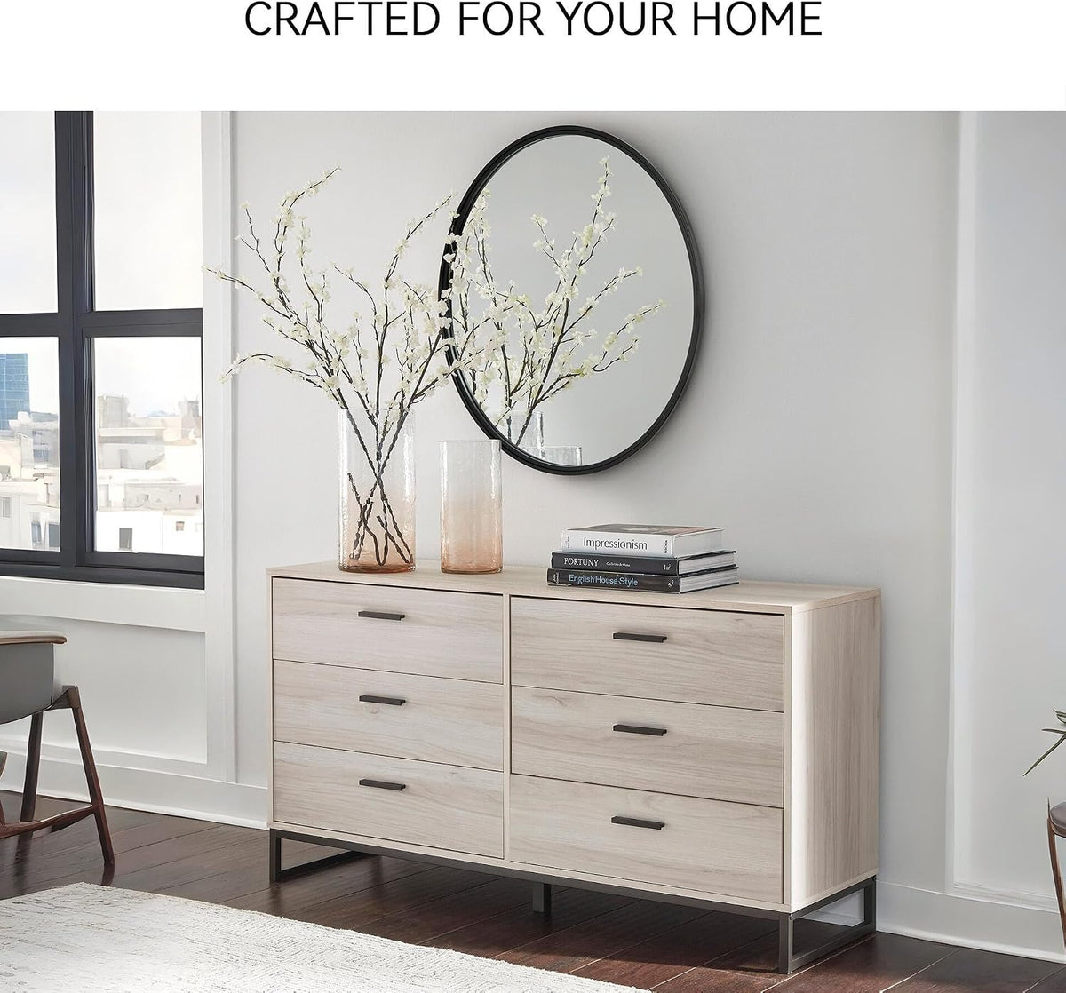 Signature Design by Ashley 6 Drawer Dresser for Bedroom, Light Natural Oak | Textured-grain engineered wood, 6 smooth-glide vinyl-wrapped drawers, Dark pewter pulls, Socalle Series