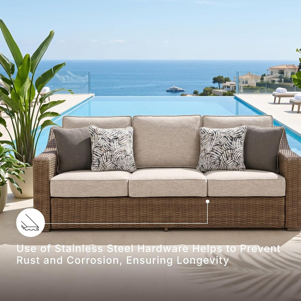 Signature Design by Ashley 3-Seat Outdoor Patio Couch, Handwoven Wicker | Outdoor furniture, Resin wicker over aluminum, Solution-dyed Nuvella fabric, 3-person capacity, Carmel Bay Series