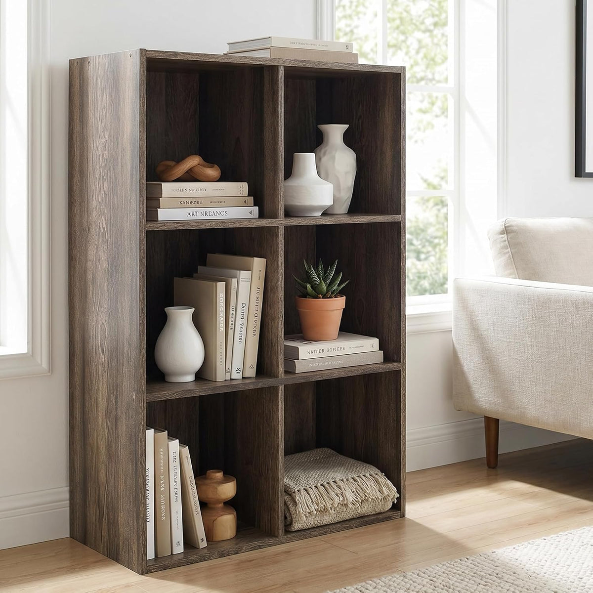 Signature Design by Ashley 6 Cube Storage Organizer, Brown Bookshelf | Durable engineered wood, Weathered brown finish, Fits standard 10.5-inch bins for neat closet storage, Shallifer Series