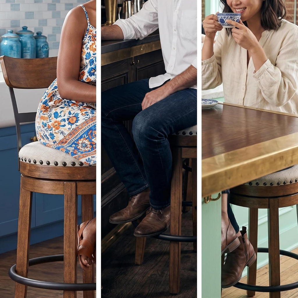 Signature Design by Ashley Valebeck Swivel Bar Stool with Back, 30 in | Wood & engineered wood, 360-degree swivel, Linen colored polyester, Rustic farmhouse style, 250 lb capacity