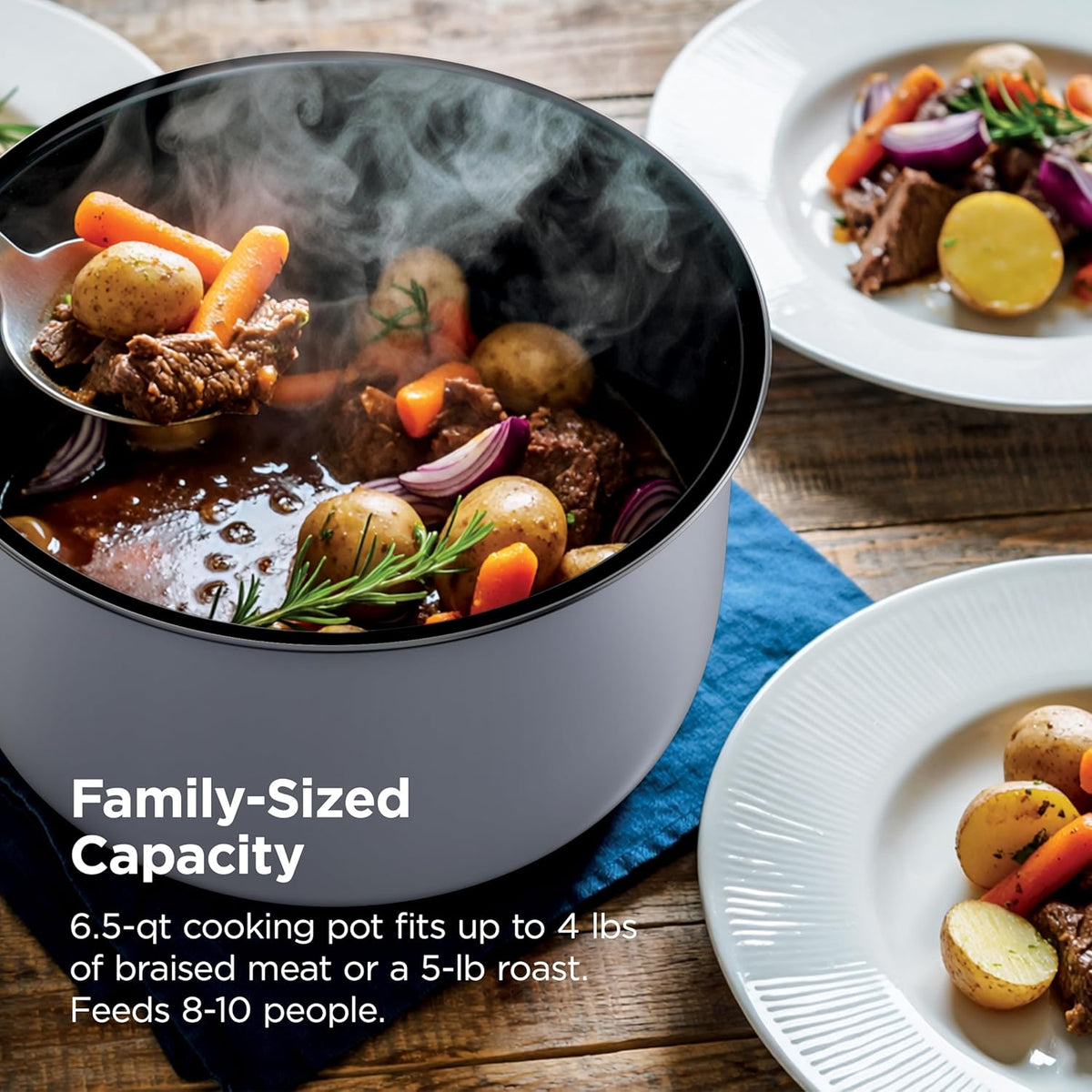 Ninja® HyperHeat™ 9-in-1 Pressure Cooker, 6.5-qt, White, PC201WH | Cooks 2X faster, Sear, Sauté, Slow Cook, Steam, Sous Vide & Yogurt, 1200W, PFAS-free, removable SimpliServe™ pot for serving
