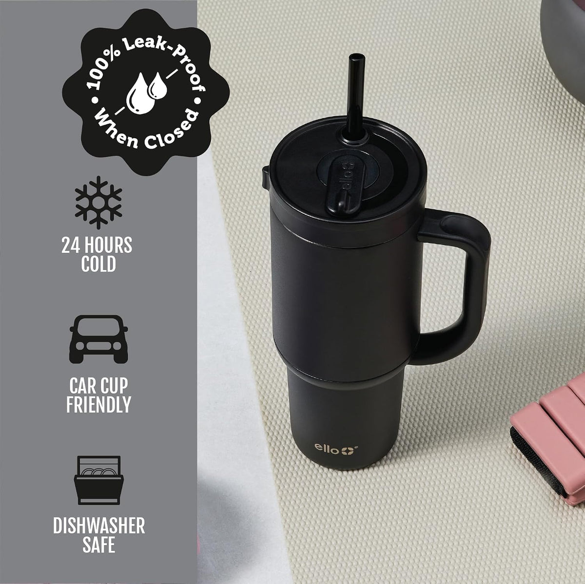 Ello Oasis 30oz Tumbler with Handle & Retracting Straw | Reusable Insulated Stainless Steel Cup 100% Leakproof | Gifts for Teens Women Men | Keeps cold for 23 Hours | Cup Holder Friendly | Black