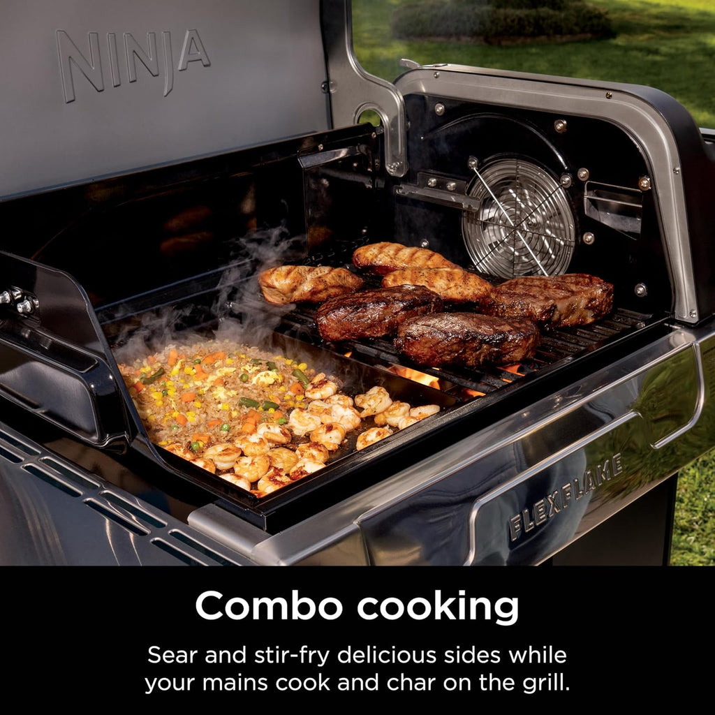 Ninja FlexFlame Half-Size Griddle with Grease Drain, XSKHLFGRIDLE | Rust-Resistant, Carbon Steel, Grill and griddle at once, fitting 6 smash burgers or 8 eggs.