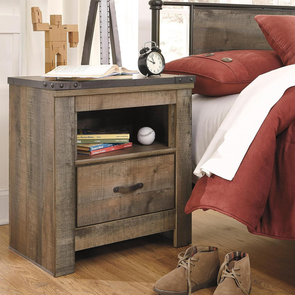 Signature Design by Ashley Trinell Nightstand with Charging Station | Dual USB ports, Engineered wood construction, Open storage cubby, Smooth-operating drawer, Antiqued bronze-tone hardware