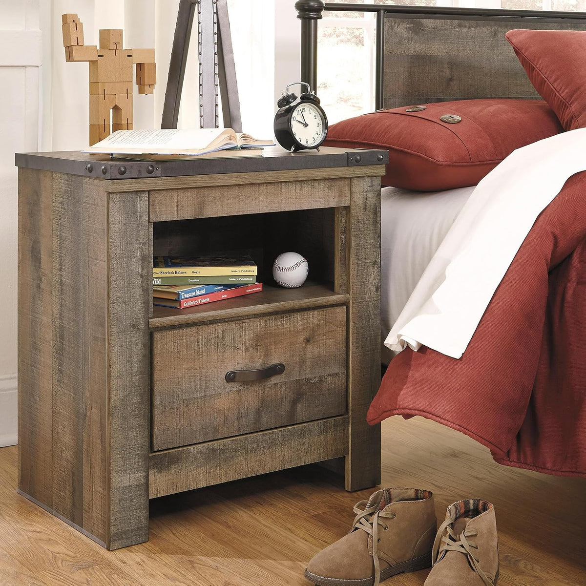 Signature Design by Ashley Trinell Nightstand with Charging Station | Dual USB ports, Engineered wood construction, Open storage cubby, Smooth-operating drawer, Antiqued bronze-tone hardware