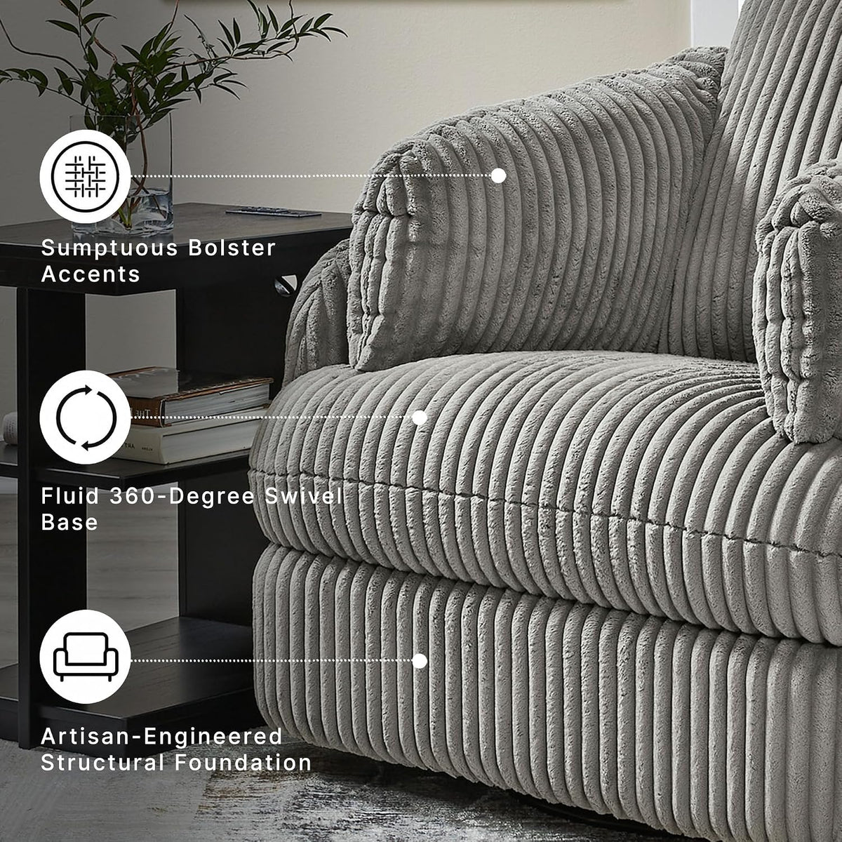 Signature Design by Ashley Tie-Breaker Swivel Glider Recliner, 2 Bolster Pillows, Hidden Storage, Fabric Upholstery, 41.38" W x 40.25" D x 39.75" H, Light Gray