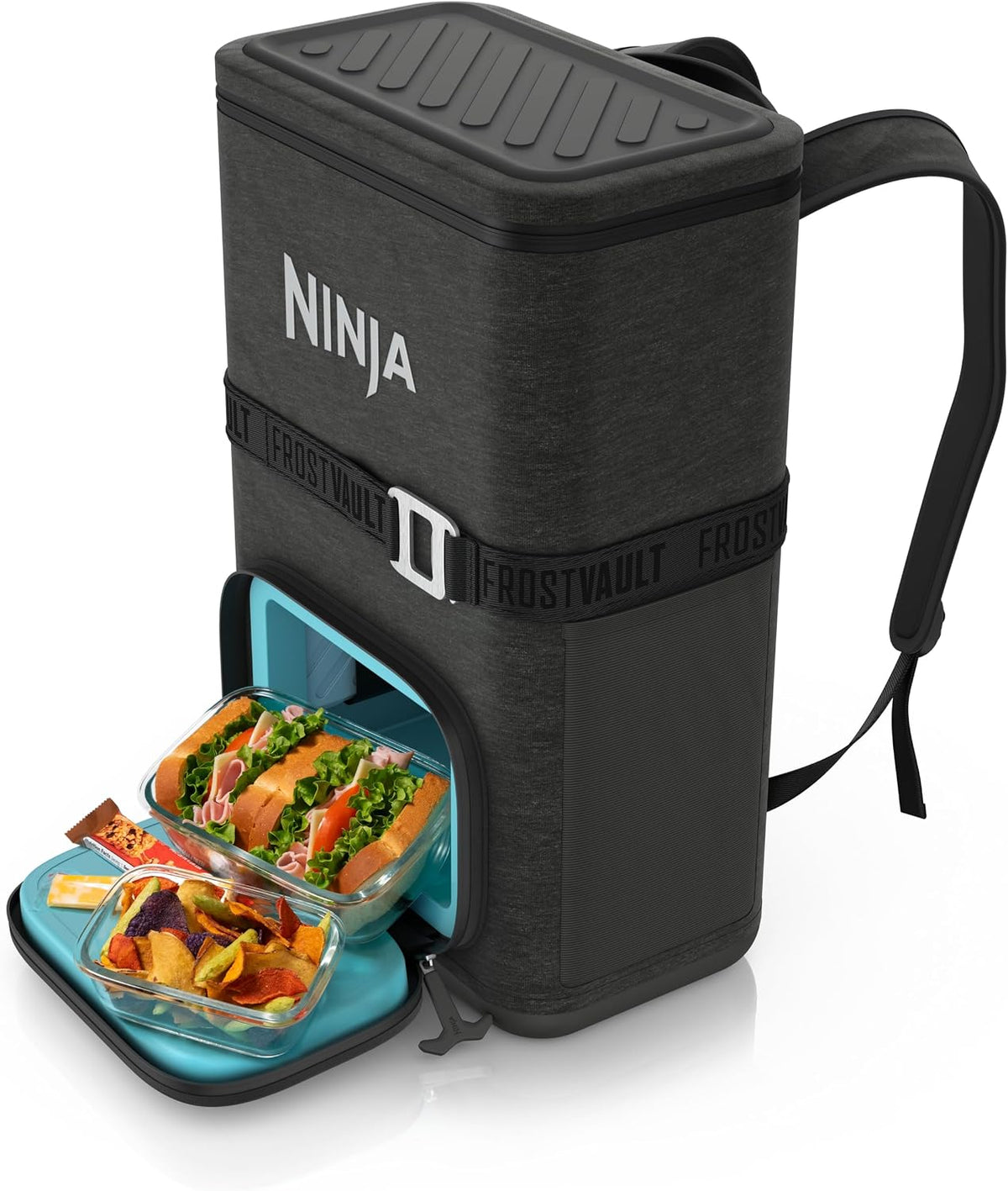 Ninja FrostVault™ Go Soft Backpack Cooler, Dry Storage, Charcoal Gray | Ninja FrostVault Go soft cooler, stays cool for hours with a leakproof, easy-access lid, and carries like a backpack