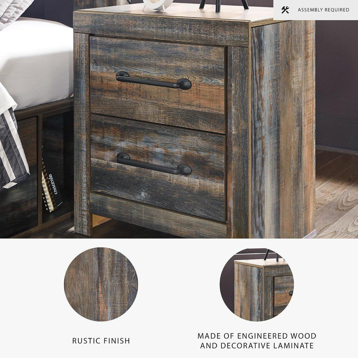 Signature Design by Ashley Drystan Rustic 2 Drawer Nightstand, USB-C | Engineered wood, Weatherworn brown finish, 2 faux-linen lined drawers, Dual USB-C ports, Small space solution
