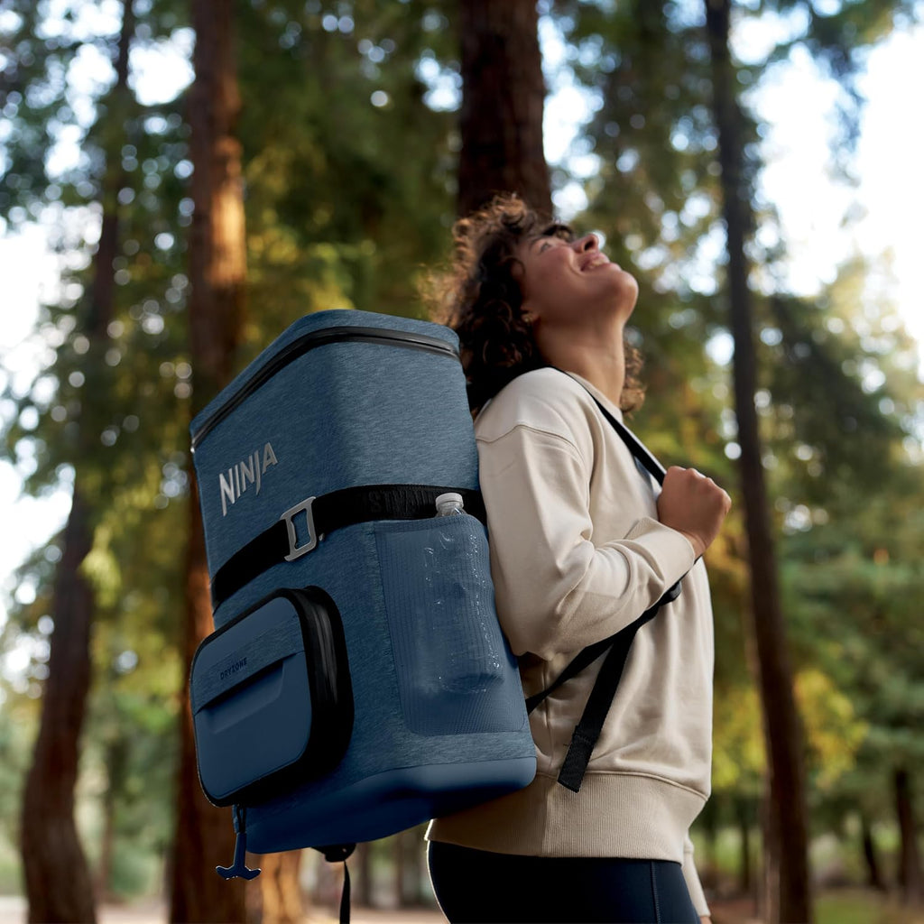 Ninja FrostVault™ Go Soft Backpack Cooler, Dry Storage, Lakeshore Blue | Ninja FrostVault Go soft cooler, stays cool for hours with a leakproof, easy-access lid, and carries like a backpack
