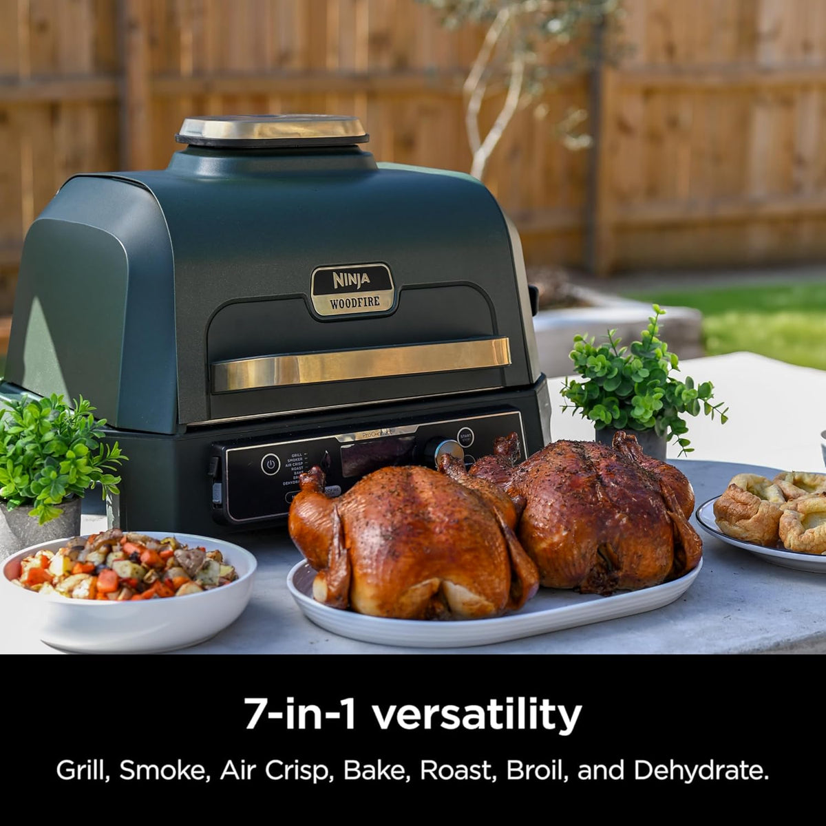 Ninja Woodfire ProConnect Premium XL Outdoor Grill & Smoker, Blue & Gold | Ninja Woodfire ProConnect 7-in-1 Grill has 180 sq in of space, and an app-connected thermometer for foolproof BBQ smoking