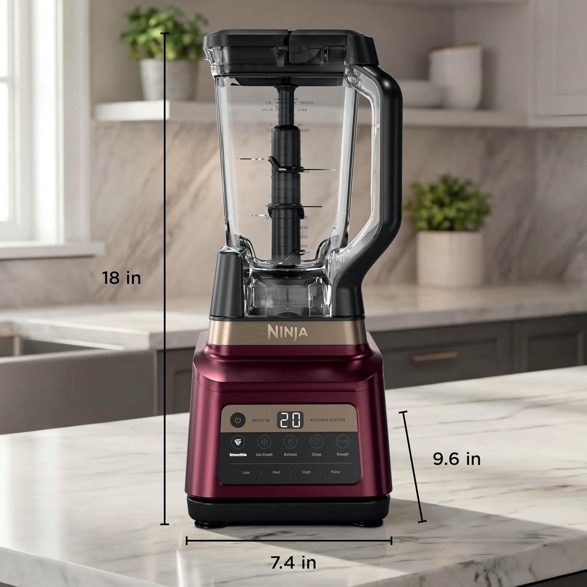 Ninja Professional Plus Kitchen System, 1400WP, Auto-iQ, Red, BN801RD1BRN | 5 functions for smoothies, chopping & dough with Auto-iQ. 72-oz blender pitcher, 64-oz processor, (2) 24-oz cups.