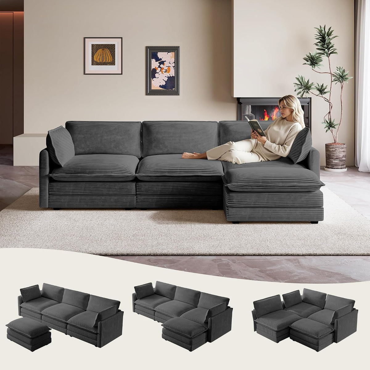ROWHY 112'' Sectional Modular Cloud Couch, Oversized 5 Seat Couches U Shaped Sofa with 2 Movable Ottomans, 2 Throw Pillows, Upholstered Corduroy U Shape Comfy Deep Couches for Living Room, Beige