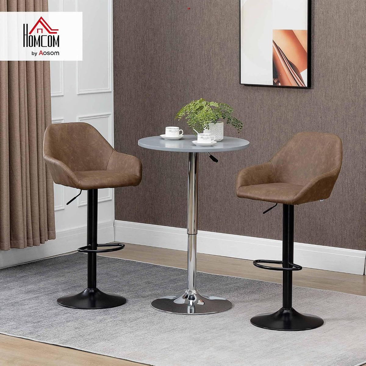 HOMCOM Adjustable Bar Stools Set of 2, Swivel Barstools with Footrest and Backrest, PU Leather and Steel Base, for Kitchen Counter and Dining Room, Dark Brown