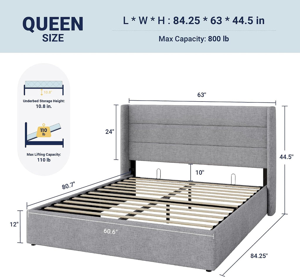 Allewie Queen Size Lift Up Hydraulic Storage Bed Frame Light Grey