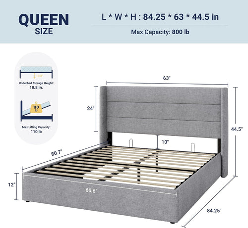 Allewie Queen Size Lift Up Hydraulic Storage Bed Frame Light Grey