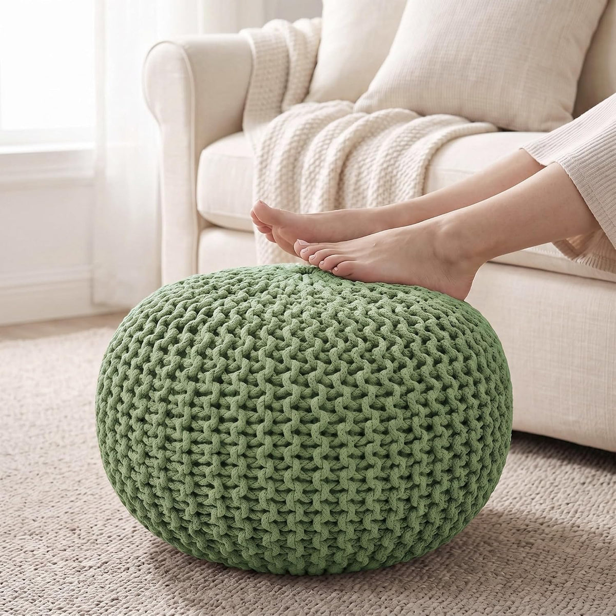 · REDEARTH · Round Pouf Ottoman - Hand Knitted Boho Poof Footrest - Ivory