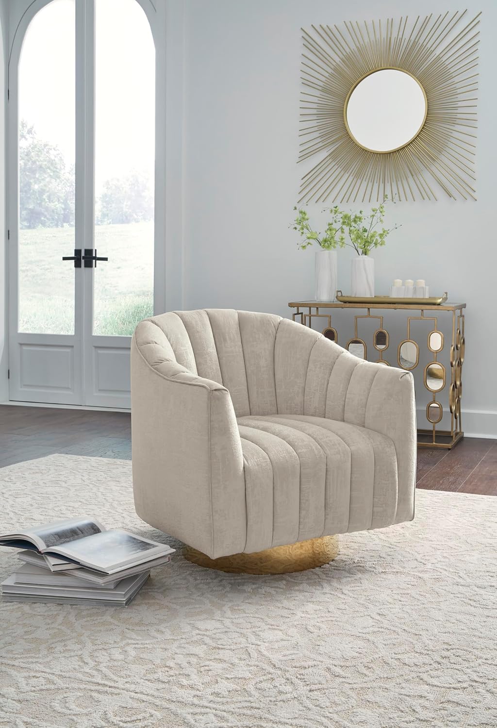 Signature Design by Ashley Swivel Barrel Accent Chair, Pearl, Penzlin | Textured velvet barrel chair with brass-tone metal pedestal base, Cozy lounge seating for reading nooks