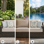 Signature Design by Ashley Coastline Bay Outdoor Patio Sofa, Rust-Free Aluminum Frame, Resin Wicker and Nuvella Fabric, Casual Seating for Sunroom or Deck, Brown and Beige
