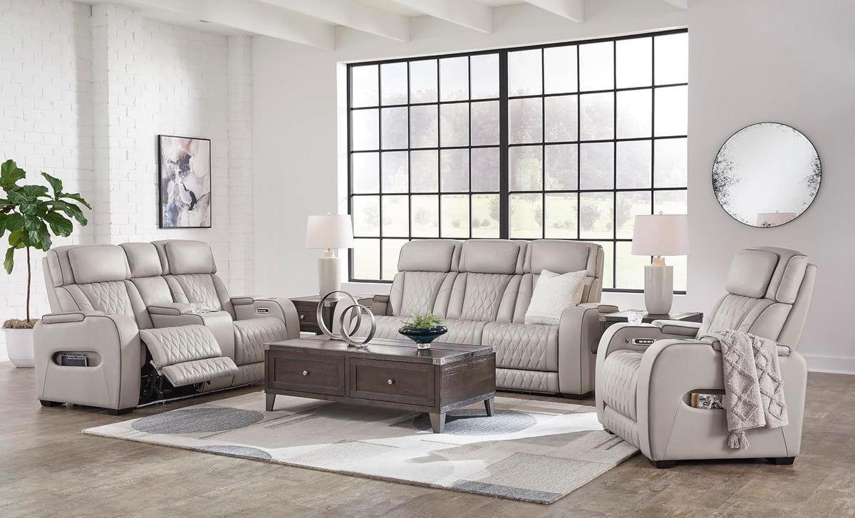 Signature Design by Ashley Power Reclining Loveseat with Console, Gray | Heated air massage seats, Top grain leather faux leather combination, Zero gravity recline, Home theater seating, Boyington