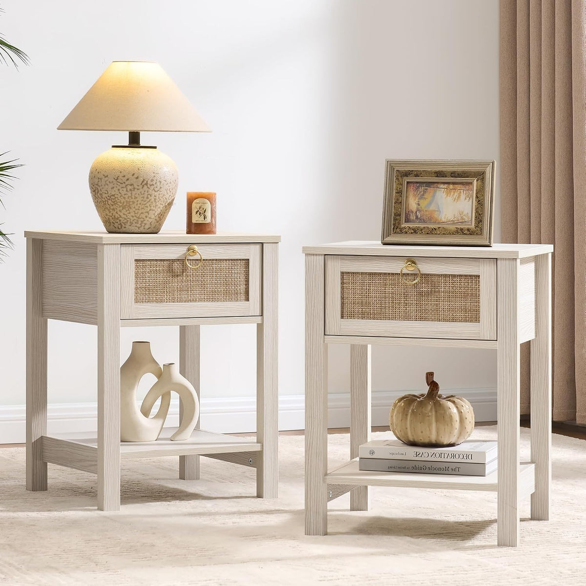 SICOTAS Rattan Nightstand Set of 2 with Storage Shelf, Boho Bedside Tables