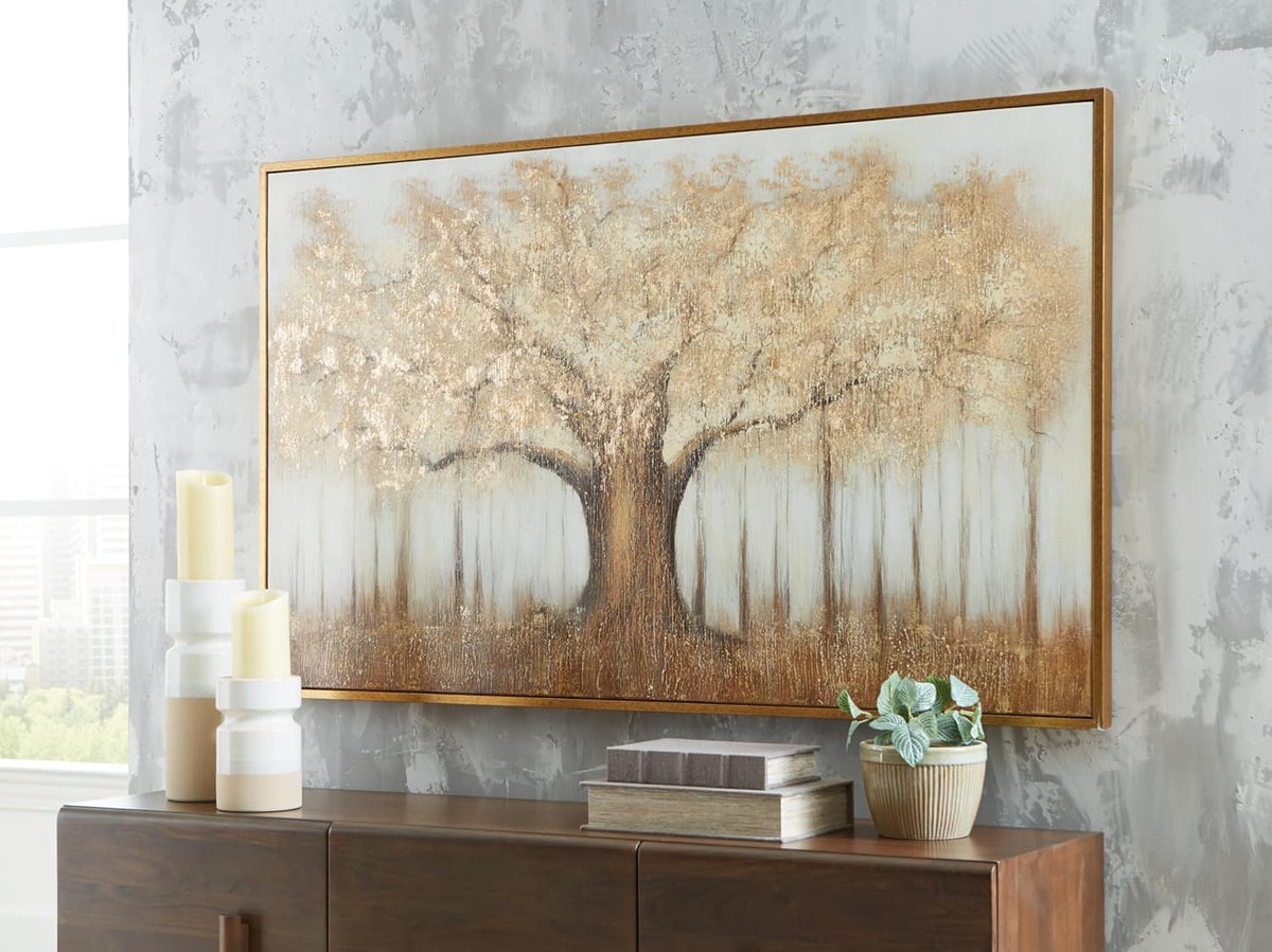 Signature Design by Ashley Dalewick Framed Canvas 60 x 36 Wall Art | Hand-painted framed canvas, Metallic gold foil, Warm autumnal tree canopy design, Living room and home office use