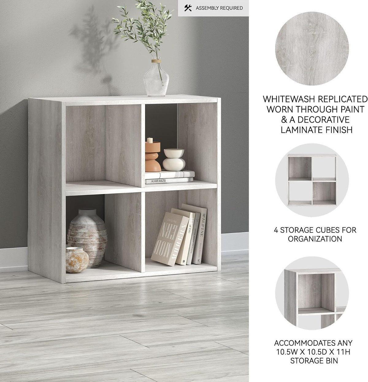 Signature Design by Ashley 4 Cube Storage Organizer, 24 in, Whitewash | Space-saving 24x12x24 in engineered wood organizer for bins or books, Vintage-inspired, Paxberry Series