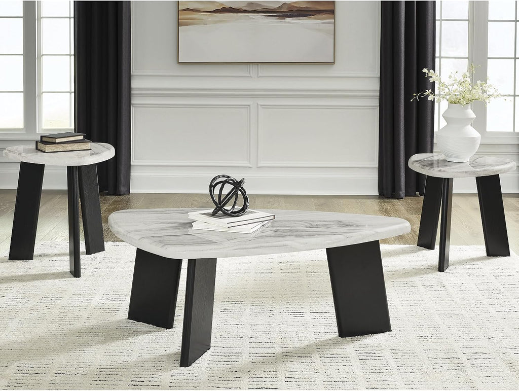 Signature Design by Ashley Lilyberg 3 Piece Coffee Table Set, Black Legs | Engineered wood and decorative laminate, Replicated Carrara marble top, Triangular modern coffee table set, Living room use