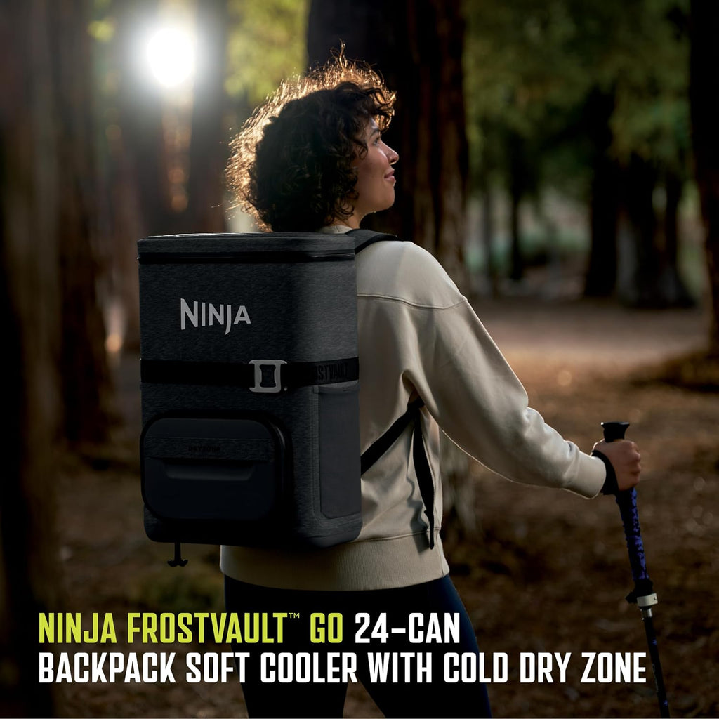 Ninja FrostVault™ Go Soft Backpack Cooler, Dry Storage, Charcoal Gray | Ninja FrostVault Go soft cooler, stays cool for hours with a leakproof, easy-access lid, and carries like a backpack