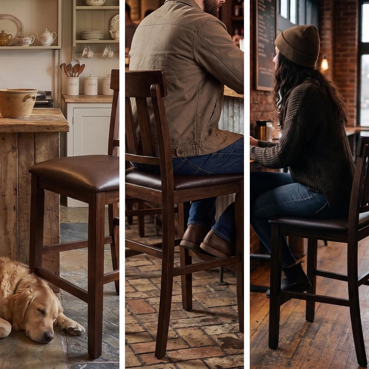 Signature Design by Ashley Haddigan Counter Height Bar Stool, Set of 2 | Easy-clean faux leather cushioned seat, Casual farmhouse wood slat back design, 25.6-inch seat height for kitchen islands