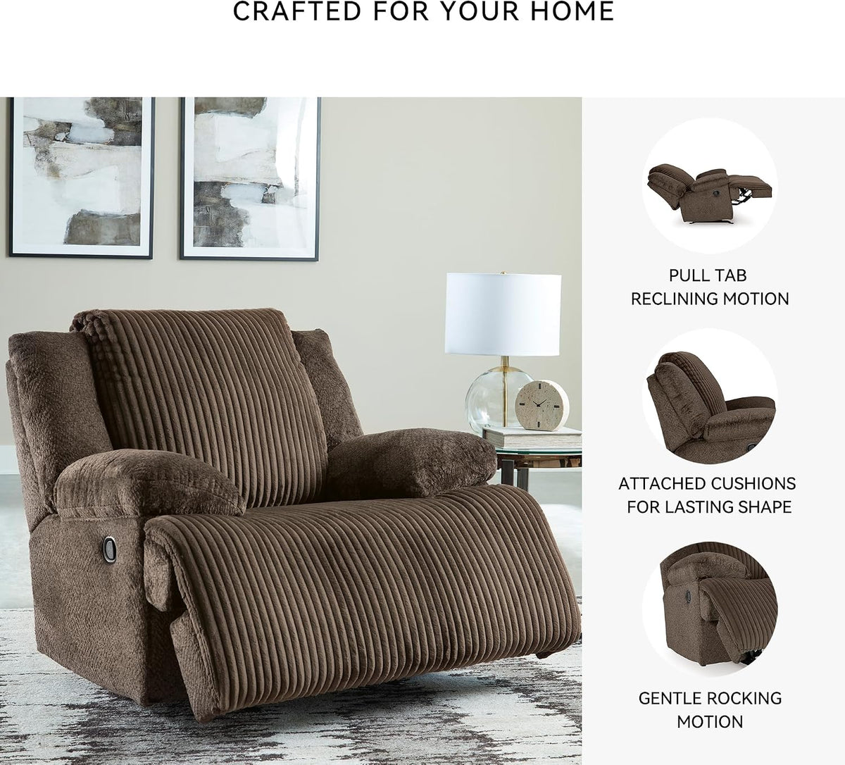 Signature Design by Ashley Top Tier Rocker Recliner Chair, Oversized Wide Seat, Cozy Corduroy Velvet Polyester Upholstery, Manual Pull Tab Lounge Chair for Living Room, No Assembly Required, Chocolate