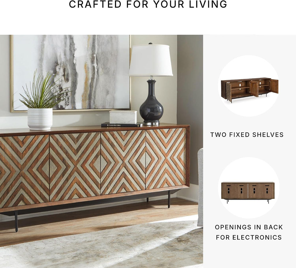 Signature Design by Ashley Dreggan Casual Diamond Patterned 4-Door Accent Cabinet with 2 Shelves and Cord Management, Dark Brown & Gray