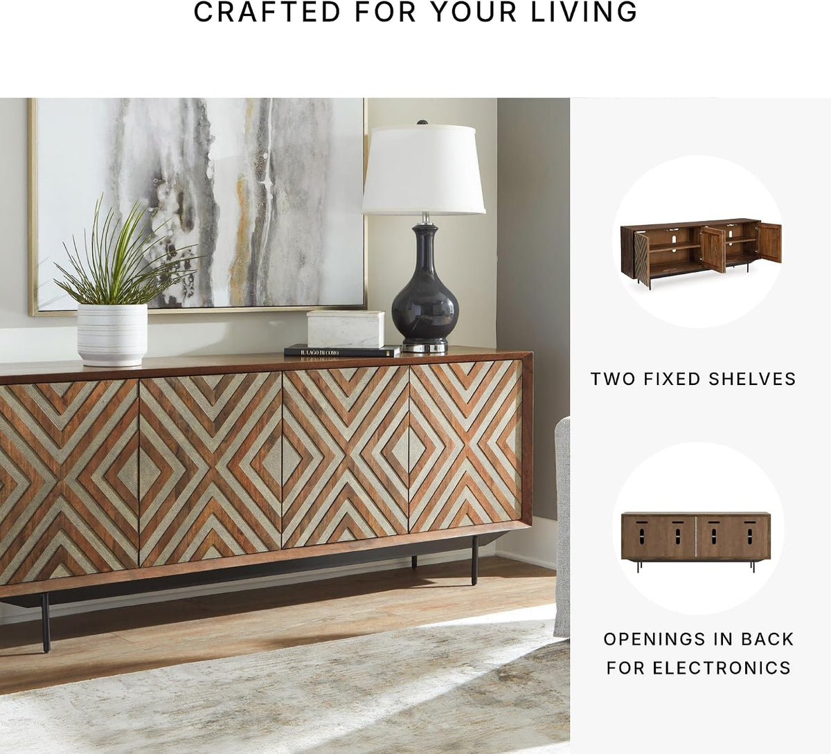 Signature Design by Ashley Dreggan Casual Diamond Patterned 4-Door Accent Cabinet with 2 Shelves and Cord Management, Dark Brown & Gray