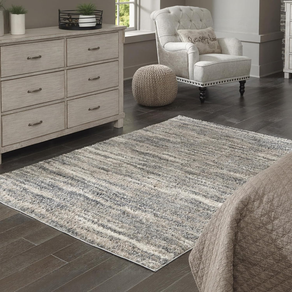Signature Design by Ashley Modern Shag Rug 8x10, Gray and Beige | Woven polyester with a plush 1.18-inch thick pile, Abstract striped pattern for living room decor, Gizela Series
