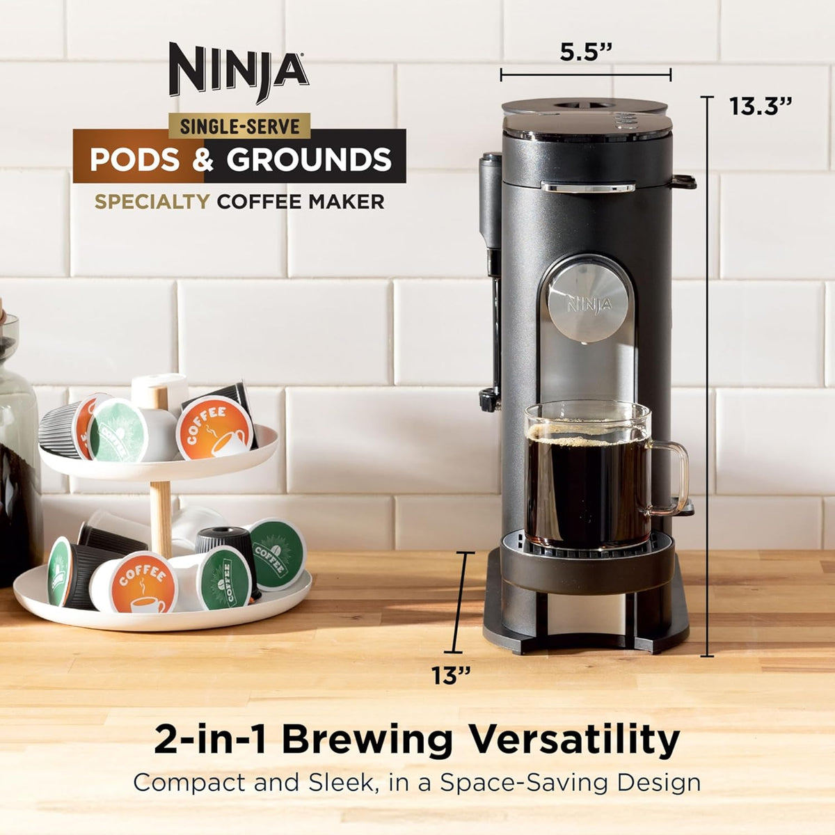 Ninja Single Serve Coffee Maker - Combo Machine, K-Cup Pods and Grounds | 4 Styles of Brewing, up to 24 Oz Cup Sizes, 56 Oz Removable Reservoir, Black, PB051