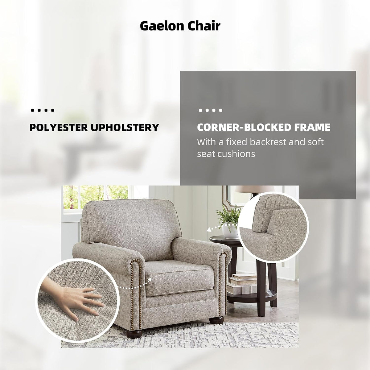 Signature Design by Ashley Gaelon Accent Chair, Dune Beige Chenille Fabric | Soft textured herringbone pattern, Sag-resistant platform foundation for even support, Traditional nailhead trim