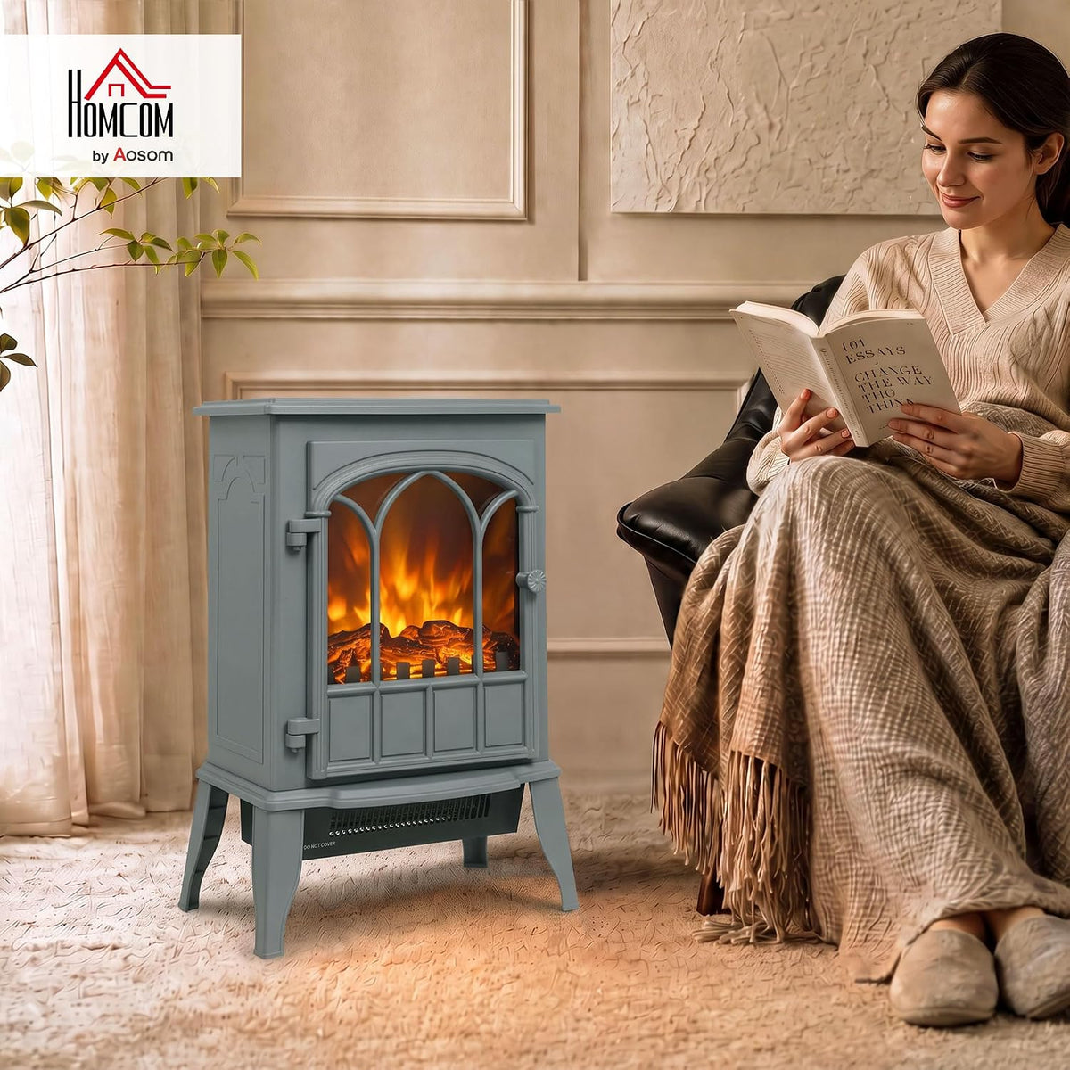 HOMCOM Electric Fireplace Stove, Freestanding Log Burner 1000W/2000W, Grey