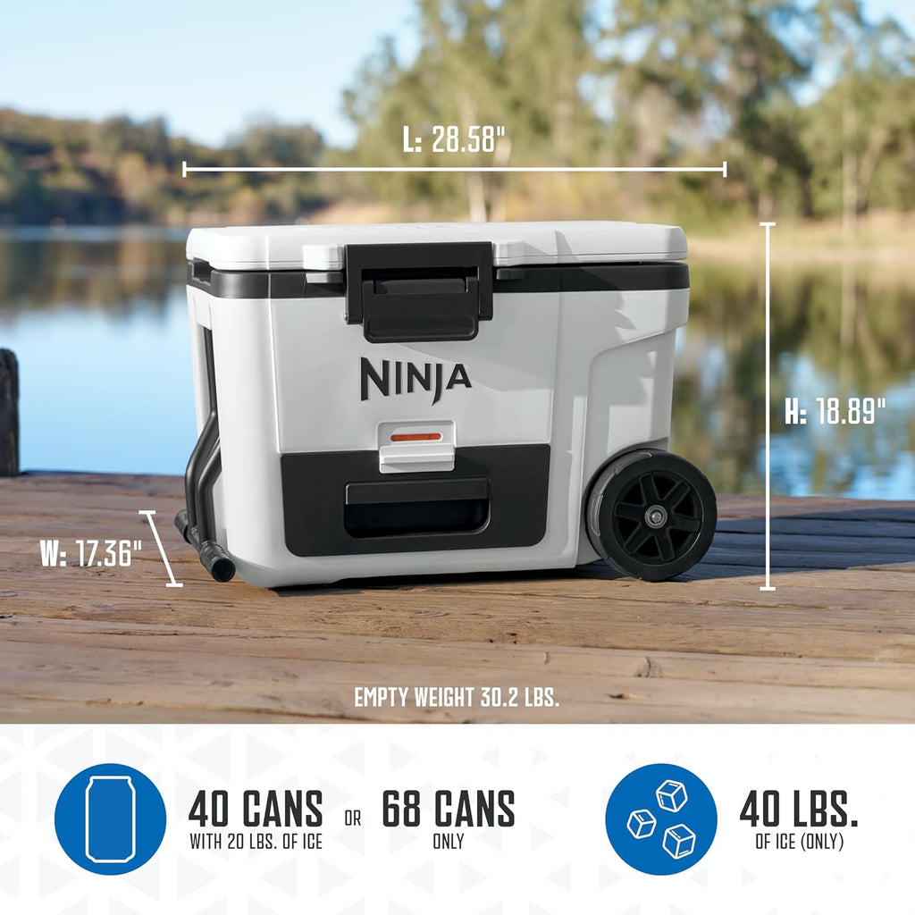 Ninja FrostVault™ 45qt Cooler with Wheels, Dry Storage Drawer, White | Ninja FrostVault's 45-qt capacity holds 68 cans, keeps food cool & dry, and rolls easily on all-terrain wheels