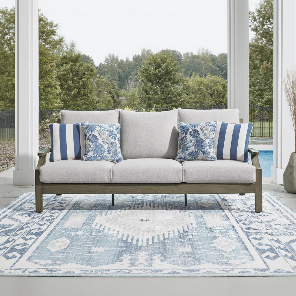 Signature Design by Ashley Rainier Ranch 3-Seat Outdoor Sofa, Beige | Rust-resistant wood-look aluminum frame, UV-resistant Nuvella+ cushions, 3-seat casual contemporary patio sofa