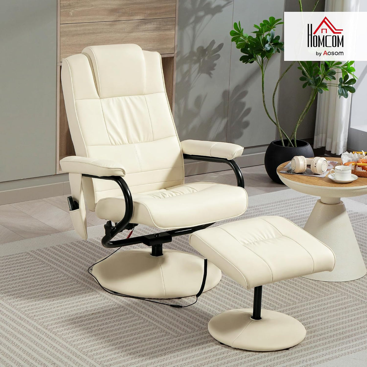 HOMCOM Swivel Recliner Chair and Footstool, Massage Recliner, Cream White