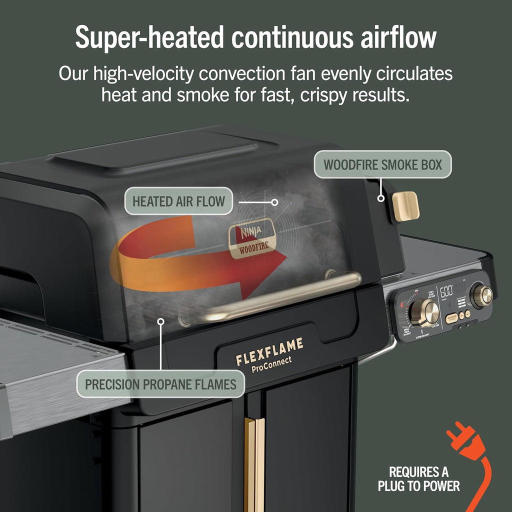 Ninja FlexFlame ProConnect Grill & Smoker, 5-in-1, Black/Gold, PG305 | Ninja FlexFlame ProConnect smokes & griddles with 200-600°F precision, synced to your phone for real-time cook alerts.