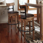 Signature Design by Ashley Pinnadel 30" Swivel Bar Height Barstool, Brown | Faux leather padded seat for easy cleanup, Sturdy wood, engineered wood, and metal frame, Built-in comfort footrest