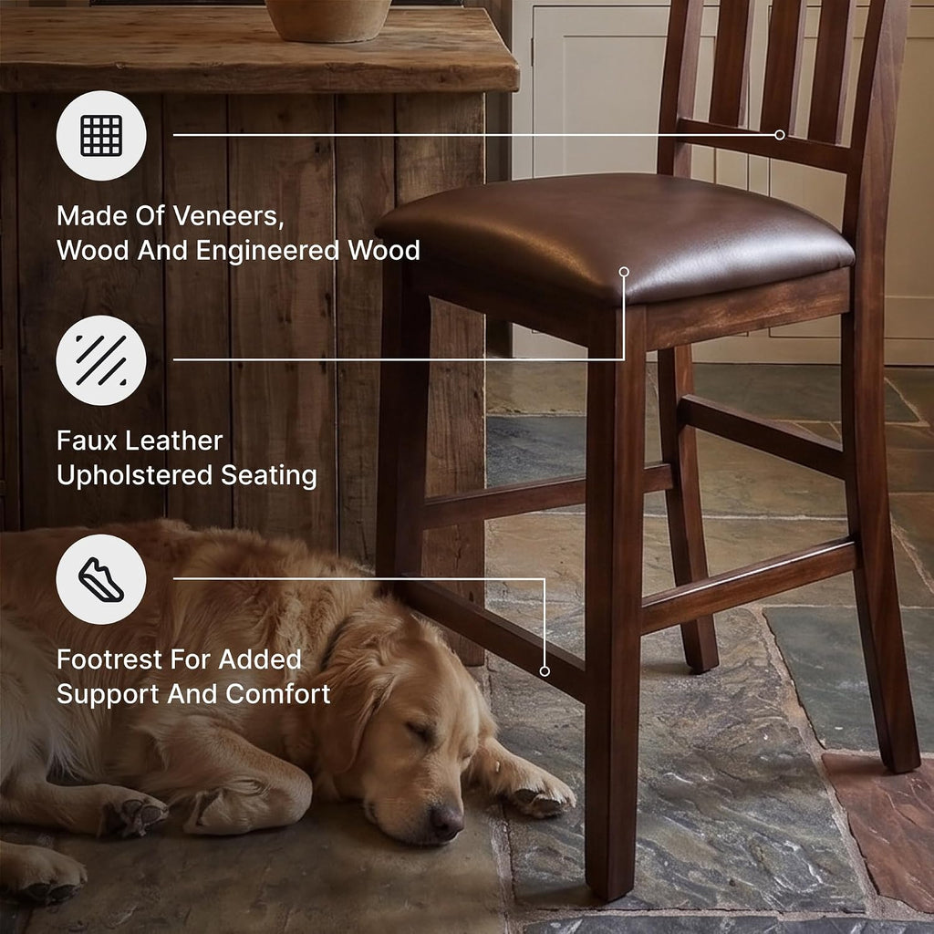 Signature Design by Ashley Haddigan Counter Height Bar Stool, Set of 2 | Easy-clean faux leather cushioned seat, Casual farmhouse wood slat back design, 25.6-inch seat height for kitchen islands