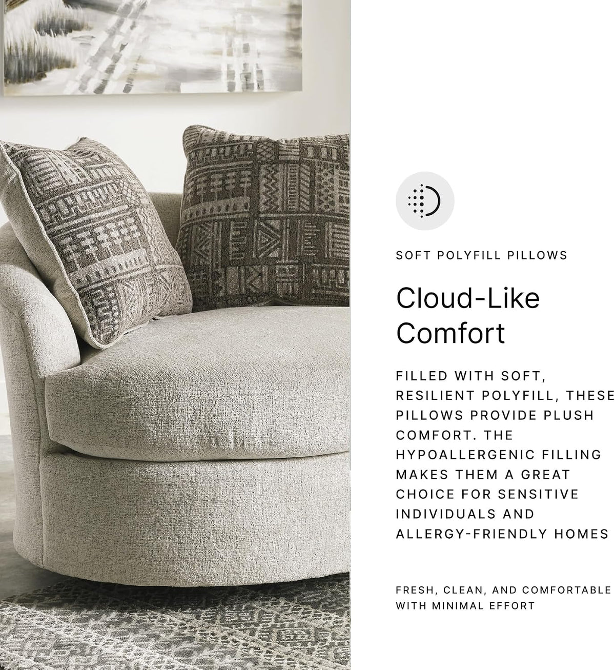 Signature Design by Ashley Soletren Oversized Swivel Accent Chair, Stone | Cozy 100% polyester chenille, Smooth 360-degree swivel base, Includes 2 geometric throw pillows