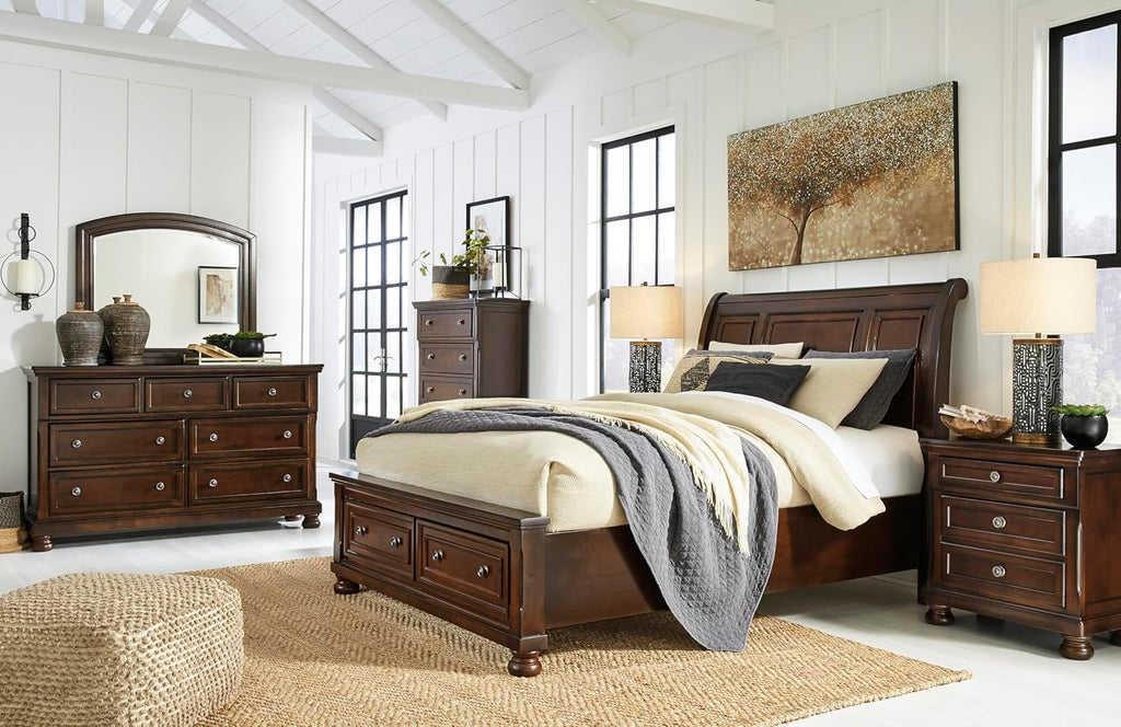Signature Design by Ashley Porter Traditional Wood Nightstand, Brown | Veneers, wood and engineered wood, 2 smooth-operating drawers, Hidden pull-out tray, Felt bottom, Bun feet