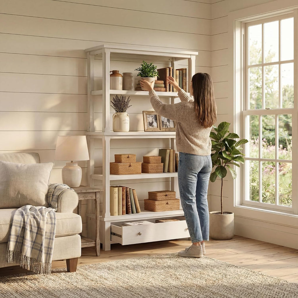 Signature Design by Ashley Robbinsdale 75" Farmhouse Bookcase with Drawer | Hardwood solids and oak veneer, 75 inch tall bookshelf with drawer, Antique white finish, 14 to 17 inch deep fixed shelves